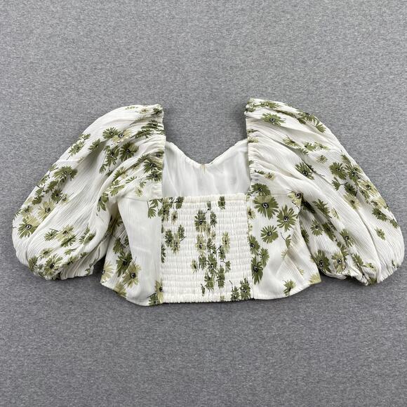 Abercrombie & Fitch Top Womens S Floral Puff Sleeve Crop Green White Crinkle - Picture 2 of 16